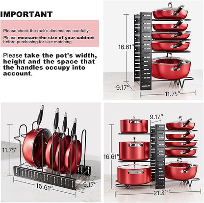 MUDEELA 8-Tier Pots and Pans Organizer under Cabinet, 16.61" Height Light Duty Pot and Pan Organizer Kitchen Cabinet Organization and Storage, Adjustable Pot Rack with 3 DIY Methods for Lids, Bakeware - Image 2