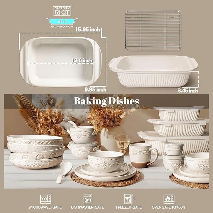 Artena Baking Dish 5.1 Quarts, Casserole Dishes For Oven, Baking Pan With Handles, Lasagna Pan Deep, Large Casserole Dish, Rectangular White Ceramic Bakeware (Baking Dish With Rack) - Image 2