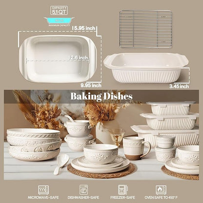 Artena Baking Dish 5.1 Quarts, Casserole Dishes For Oven, Baking Pan With Handles, Lasagna Pan Deep, Large Casserole Dish, Rectangular White Ceramic Bakeware (Baking Dish With Rack) - Image 2