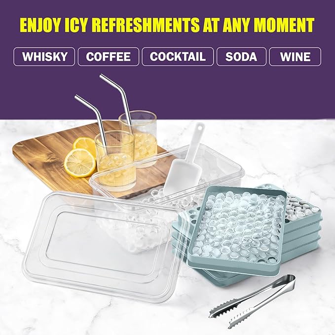 0.55in Mini Ice Cube Trays - Plastic Tiny Pebble Ice for Iced Coffee & Cocktails - Fast Chill, Easy Twist Release - Stackable with Lid, Storage Bin, Tongs, 2 Straws (4 pack, Blue) - Image 6