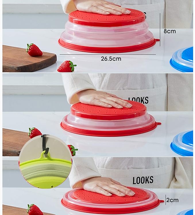 2-Pack Microwave Splatter Covers for Food, 10.5 Inch Collapsible Vented Plate Lids (Grey & Red Combo), BPA-Free Silicone & Plastic, Dishwasher Safe, No Mat Included - Image 3
