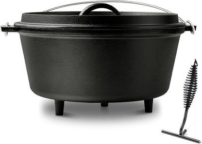 8QT Pre-Seasoned Cast Iron Camp Dutch Oven with Lid, Large Camping Dutch Oven Pot, incl. Lid Lifter - Dual Handles - for Outdoor Campfire, Grill, Oven & Stovetop Cooking-Black by Blingco