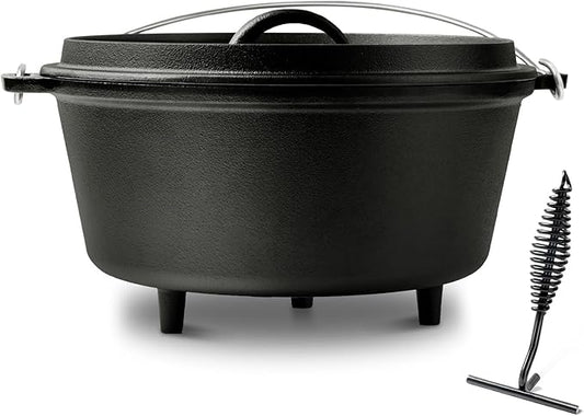 8QT Pre-Seasoned Cast Iron Camp Dutch Oven with Lid, Large Camping Dutch Oven Pot, incl. Lid Lifter - Dual Handles - for Outdoor Campfire, Grill, Oven & Stovetop Cooking-Black by Blingco
