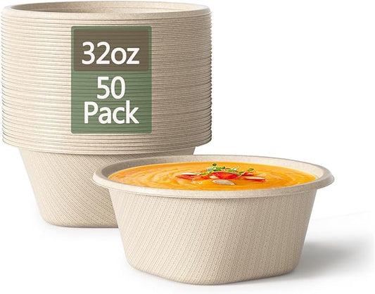 Homestockplus 32 Oz Deep Disposable Bowl, Paper Bowls Disposable Heavy Duty Compostable Bowls, Eco-friendly Sugarcane Bagasse Biodegradable Bowl for Soup, Salad, Dessert [50 Pack] by Homestockplus