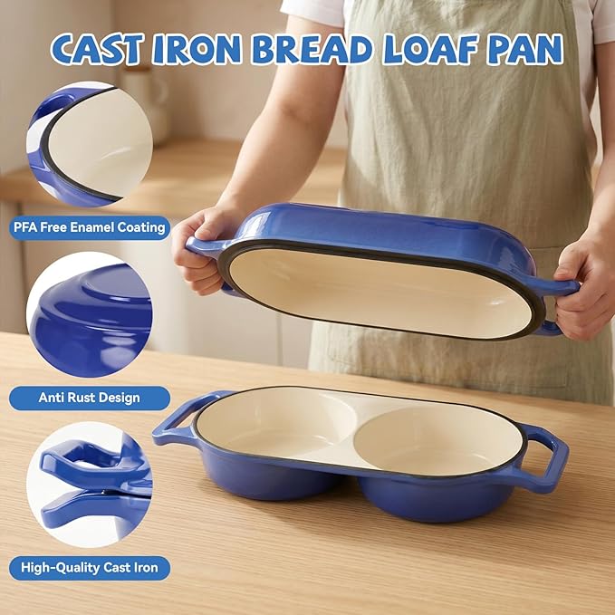 Double Dutch Oven Pot with Lid, Enameled Cast Iron Bread Loaf Pan, Dutch Oven For Sourdough Bread Baking, 500°F Oven Safe Non Stick Dual Round Bread Pan, 16.5cm Diameter Loaf Pans, Blue