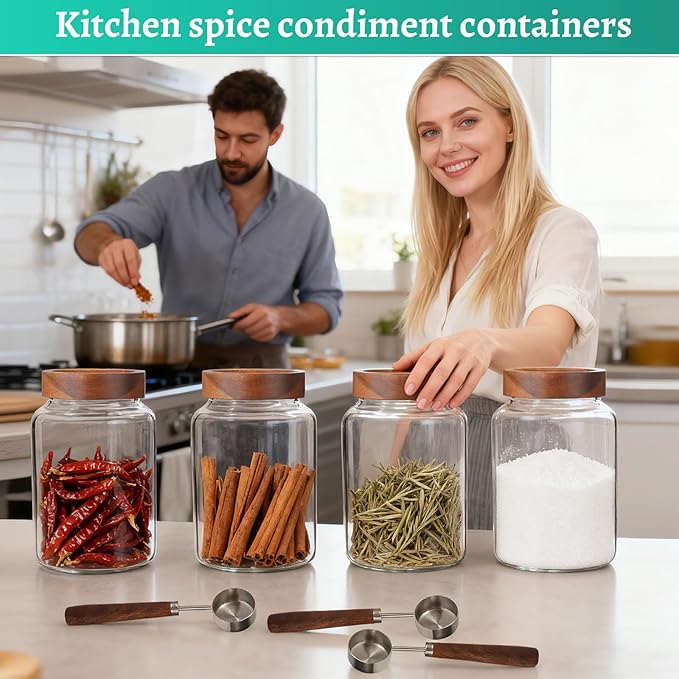 60 oz Glass Coffee Jars with Wooden Airtight Lid Spoon Clear Herb Ground Canister Round Food Storage Container for Sugar Pantry Flours Tea Coffee Bean Spice Cookies (1800ml/60oz-2PACK（with spoon)) - Image 5