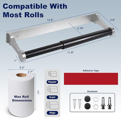 Paper Towel Holder Wall Mount Adhesive Paper Towel Holder Under Cabinet Toilet Roll Hanging Holders Rack for Kitchen Bathroom Garage Counter, Anti-Drop Upgraded Telescopic Rod Design Roll, Silver