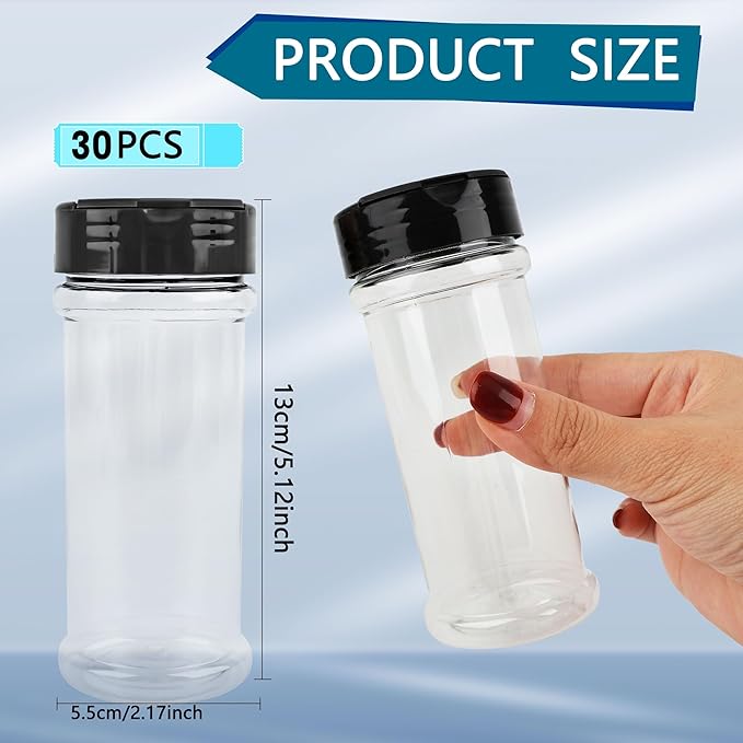 30 Pcs 6 oz Plastic Spice Jars with Shaker Lids Clear Spice Bottles with Black Cap Empty Seasoning Containers for Kitchen Storing Seasoning Powders
