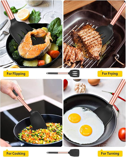 Pack of 2 Silicone Solid Turner, Non Stick Slotted Kitchen Spatulas, High Heat Resistant BPA Free Cooking Utensils, Ideal Cookware for Fish, Eggs, Pancakes(Rose Gold Black) - Image 3