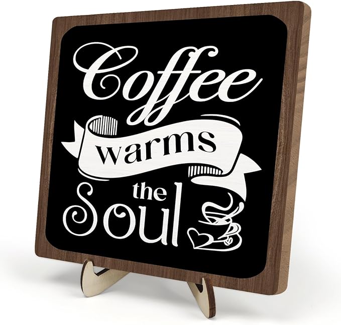 Coffee Bar Sign Plaque, Vintage Café Decor for Kitchen, Rustic Farmhouse Cafe Accessories, Themed Wall Sign for Home - Coffee Warms the Soul - Gift Idea (Black&Brown4, 5.9x5.9inches) by DMADNF