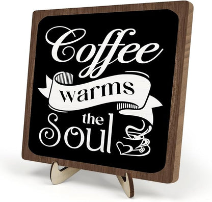 Coffee Bar Sign Plaque, Vintage Café Decor for Kitchen, Rustic Farmhouse Cafe Accessories, Themed Wall Sign for Home - Coffee Warms the Soul - Gift Idea (Black&Brown4, 5.9x5.9inches) by DMADNF