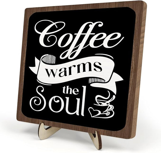 Coffee Bar Sign Plaque, Vintage Café Decor for Kitchen, Rustic Farmhouse Cafe Accessories, Themed Wall Sign for Home - Coffee Warms the Soul - Gift Idea (Black&Brown4, 5.9x5.9inches) by DMADNF