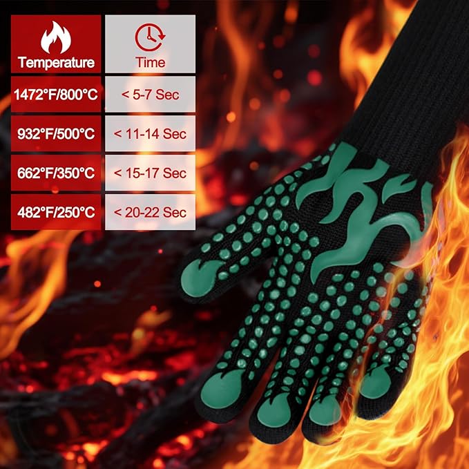 Comsmart BBQ Gloves, 1472°F Heat Resistant Grilling Gloves Silicone Non-Slip Oven Gloves Long Kitchen Gloves for Barbecue, Cooking, Baking, Short, Green - Image 2