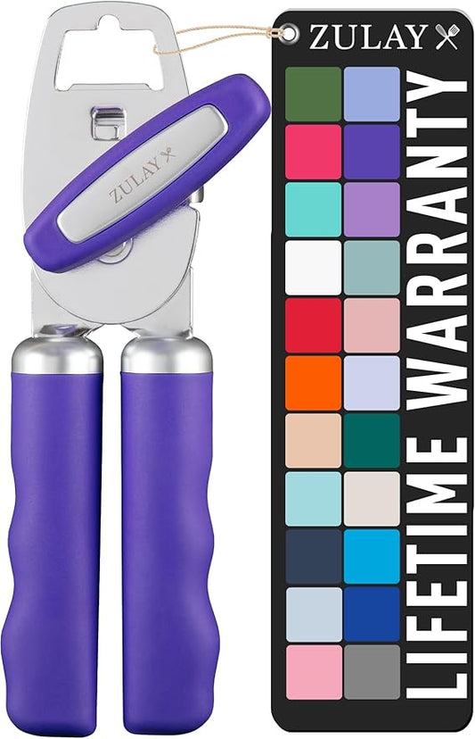 Zulay Kitchen Heavy Duty Stainless Steel Can Opener Manual with Bottle Opener - Rust Proof Manual Can Opener With Turn Knob & Comfy Soft Grip Handles - Purple by ZulayKitchen