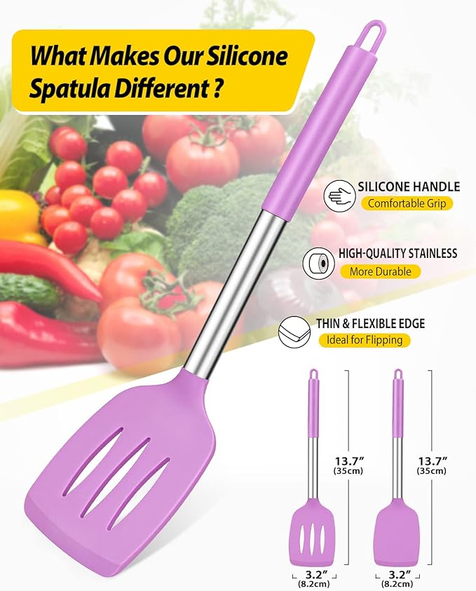 Pack of 2 Silicone Solid Turner, Non Stick Slotted Kitchen Spatulas, High Heat Resistant BPA Free Cooking Utensils, Ideal Cookware for Fish, Eggs, Pancakes(Purple) - Image 2