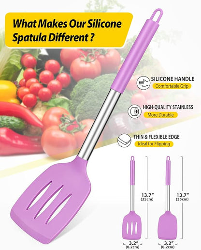 Pack of 2 Silicone Solid Turner, Non Stick Slotted Kitchen Spatulas, High Heat Resistant BPA Free Cooking Utensils, Ideal Cookware for Fish, Eggs, Pancakes(Purple) - Image 2