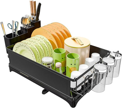 Simple Trending Dish Drying Rack, Space-Saving Large Dish Rack for Kitchen Counter, Anti-Rust Dish Drainer with Cutlery & Cup Holders, Black by SimpleTrending