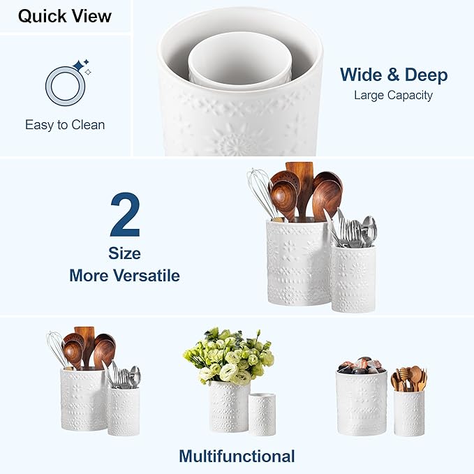 LOVECASA Utensil Holder, 7.2"+5.4" Ceramic Utensil Holder for Countertop, Large Cooking Utensil Crocks for Kitchen Counter, Farmhouse Utensil Vase for Housewarming, Kitchen Decor, Set of 2, Snow - Image 9