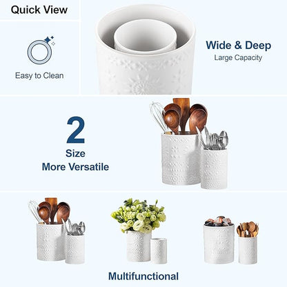 LOVECASA Utensil Holder, 7.2"+5.4" Ceramic Utensil Holder for Countertop, Large Cooking Utensil Crocks for Kitchen Counter, Farmhouse Utensil Vase for Housewarming, Kitchen Decor, Set of 2, Snow - Image 9