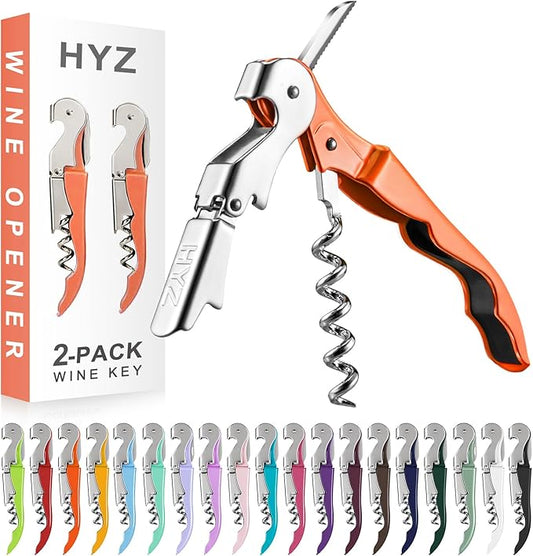 HYZ 2-Pack Wine Opener Waiter Corkscrew, Professional Wine Key for Servers, Bartender with Foil Cutter, Manual Wine Bottle Opener Double Hinged (Orange) by HYZ