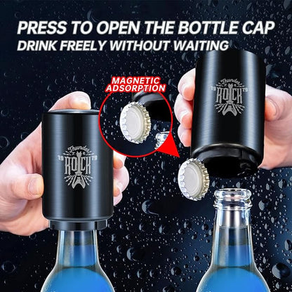 Automatic Beer Bottle Opener with Magnetic Cap Catcher, Stainless Steel One-Handed Lid Opening Spring Loaded Push&Pop for Kitchen Home Bar Restaurant Household Utensils Beer Accessories Gift