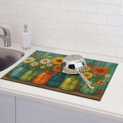 Rustic Vintage Flower Dish Drying Mats for Kitchen Counter, Large 18"x24" Dish Mats for Drying Dishes, Microfiber Absorbent Dish Drying Pad Rack Mat Kitchen Decor Reusable Washable