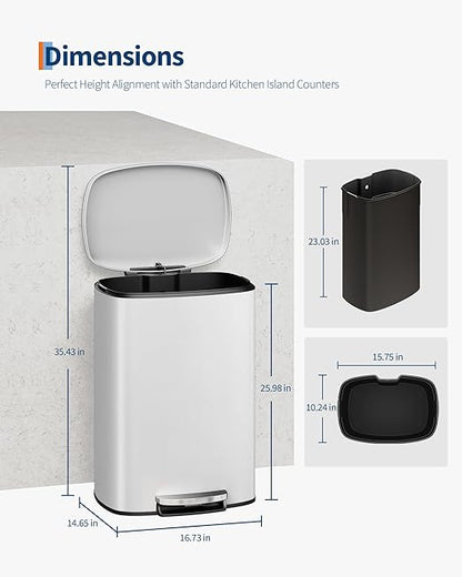 Garvee 13 gal / 50 L Metal Kitchen Trash Can with Lid, Large Rustproof Garbage Can for Kitchen, Step-on Trash Bin with Inner Bucket, Rear Handle, Soft Close Lid, White - Image 6