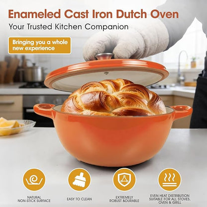5QT Enameled Cast Iron Dutch Oven for Bread & Multi-Cooking – Complete Sourdough Starter Kit with Lid ,Probe Thermometer, Proofing Basket, Silicone Sling & Gift Packaging Bags,Oven Safe up to 500°F (Orange)