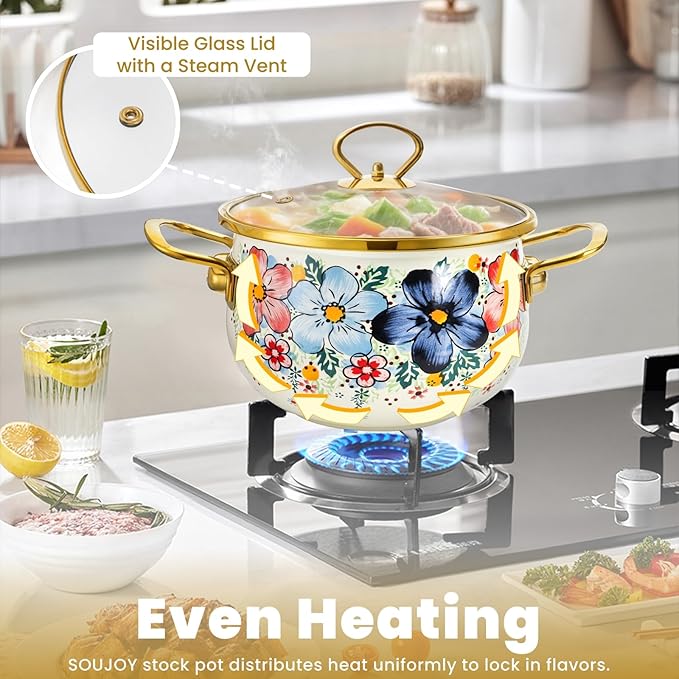 SOUJOY 3 Quart Enamel Cooking Pot with Glass Lid, Non-Stick Soup Pot with Handle, Vintage Floral Bean Stew Simmer Pot for Kitchen, Induction & Gas Stove Safe, Mother's Day, Wedding, Christmas Gift - Image 7