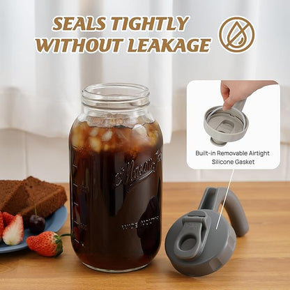 Soligt Glass Mason Jar Pitcher with Lid, Wide Mouth Flip Cap Pour Spout Leak-proof Lid with Handle, 64 oz (2 Quart / 1.9 Liter), for Iced Coffee/Sun Tea Juice/Cold Brew/Milk (1 Pack, Dark Gray)