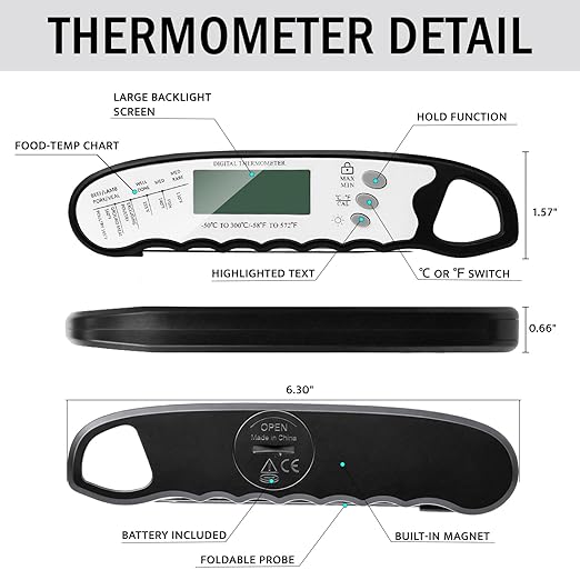 COOLMI Digital Meat Thermometer for Cooking - 2s Instant Read Food Thermometer, Waterproof, 180 Auto-Rotating Backlit Large Display, Temp Lock & Recalibration, for BBQ Grill Kitchen Oil Candy