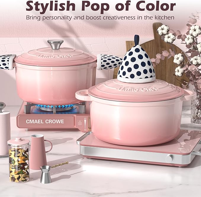 Umite Chef 5QT Enameled Cast Iron Dutch Oven Pot with Lid, Heavy-Duty Cookware for Bread Baking, Braising, Stews, Roasting, Wedding Registry Ideas & Gifts (Pink) - Image 7