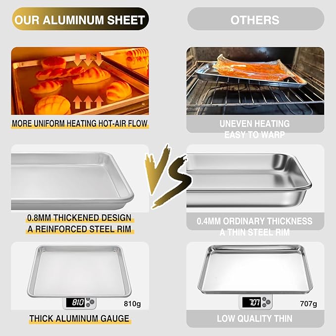 Commercial Quality Baking Sheet Pan Set, Natural Aluminum Cookie Sheet, Umite Chef Encapsulated Galvanized Steel Rim Warp Resistant Baker's Quarter Sheet Pan, Cookie Tray Pans for Baking, Roasting - Image 4