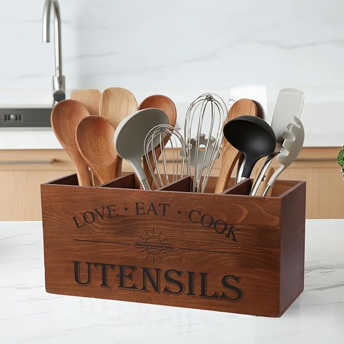 2 PC Wooden Utensil Holder,（With 4-Compartments size*1 + 3-Compartments size*1） Extra Large Kitchen Counter,Cooking Spatula Organizer,Farmhouse Decor, Rustic Cooking Utensil - Image 7