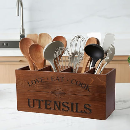 2 PC Wooden Utensil Holder,（With 4-Compartments size*1 + 3-Compartments size*1） Extra Large Kitchen Counter,Cooking Spatula Organizer,Farmhouse Decor, Rustic Cooking Utensil - Image 7