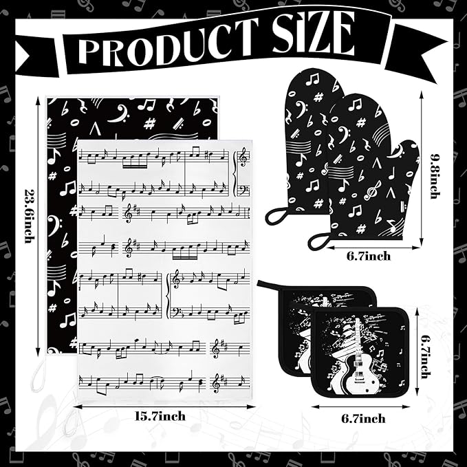 Leinuosen 8 Pcs Music Note Kitchen Decor Accessories Set Farmhouse Towels Oven Mitts Pot Holders Dishcloths Set Kitchen Decorative Absorbent Potholders for Chef Baking Cooking - Image 3