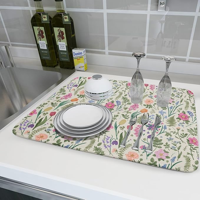 Spring Floral Dish Drying Mat for Kitchen Counter 18x24 Pink Sage Green Flower Vintage Botanical Print Absorbent Reversible Microfiber Drying Mats Kitchen Countertop Protector Dishes Drainer Rack Pad - Image 6