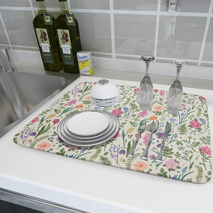 Spring Floral Dish Drying Mat for Kitchen Counter 18x24 Pink Sage Green Flower Vintage Botanical Print Absorbent Reversible Microfiber Drying Mats Kitchen Countertop Protector Dishes Drainer Rack Pad - Image 6