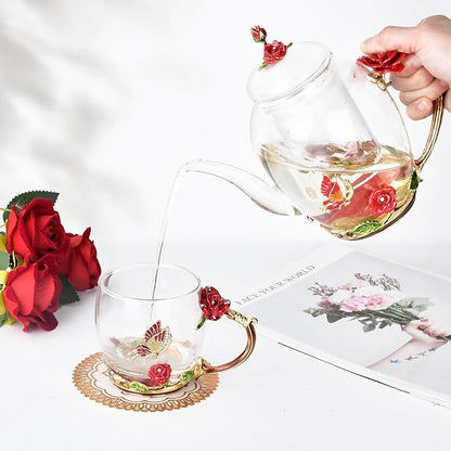 Enamel Glass Flower Tea Pot With Removable Loose Tea Leaf Infuser Tea Maker Teapot Set 30.4OZ Gifts for Women,Mom,Birthday - Image 4