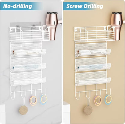 VITVITI Metal Hair Tool Organizer Wall Mount, Hair Dryer Holder with 4 Tier Shelf Basket Hooks, Bathroom Hairs Styling Tool Organizer for Curling Iron/Blow Dryer/Straightener, White