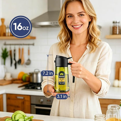 2 in 1 Olive Oil Sprayer for Cooking, 16 Oz Olive Oil Dispenser Bottle for Kitchen, Fits Air Fryers, Salads, BBQ & More