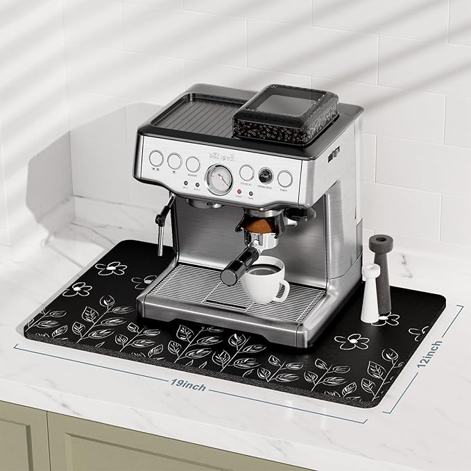 Rnivvi Coffee Mat, 12" x 19" Cute Coffee Bar Mats for Espresso Machine Station Accessories and Organizer, Hide Stain Rubber Backed Absorbent Dish Drying Pad for Kitchen Counter, Black White Flowers - Image 2