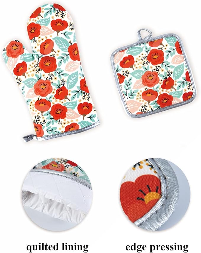 6 Pcs Kitchen Stuff, Wild Floral Kitchen Oven Mitts, Pot Holders Sets with Microfiber Kitchen Towels,Kitchen Accessories, Gifts for Women
