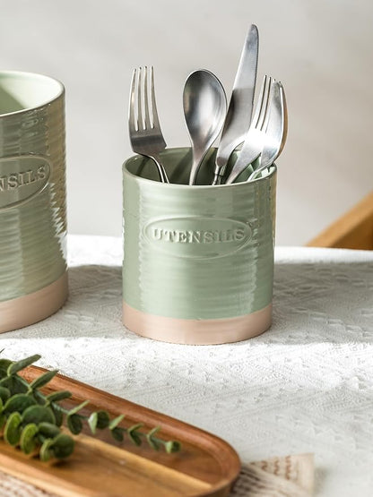 YHOSSEUN Kitchen Utensil Holder, 6.7"+5.1" Ceramic Utensil Holder for Kitchen Counter, Oval Cooking Utensil Crocks for Countertop, Utensil Storage Organizer Set of 2, Green - Image 9