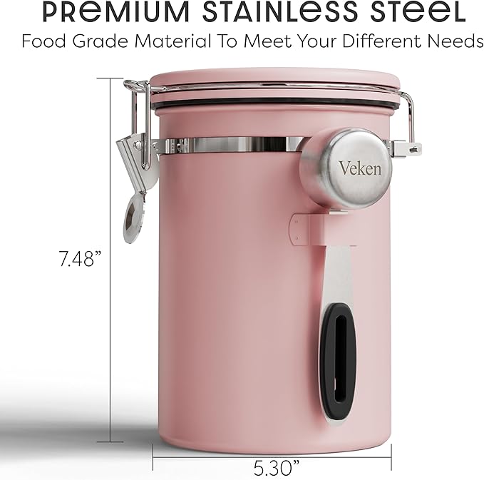 Veken Coffee Canister with Window, Airtight Stainless Steel Kitchen Food Storage Container with Lids, Date Tracker and Scoop for Grounds Coffee, Beans, Tea, Flour, Cereal, Sugar Jars, 22OZ, Pink - Image 2