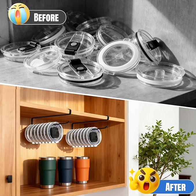 1 Pack Tumbler Lid Organizer, Versatile Cup & Water Bottle Lid Holder, Upgraded Kitchen Space Saver & Under Cabinet Storage, No Adhesive or Drilling Needed, Multi-Use Tumbler Lid Holder, Black - Image 5