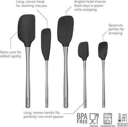 Tovolo Stainless Steel Handled Silicone Spatula Set of 5, Dishwasher Safe Kitchen Spatula Set for Cooking Baking, BPA Free Silicone Spatula set with Metal Steel Handle, Black