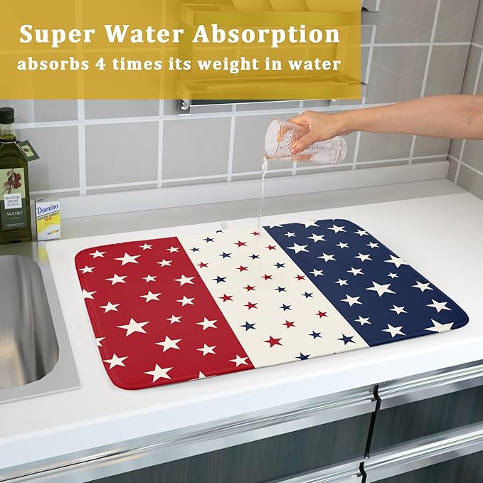 Blue Red White Star July of 4th Patriotic Dish Drying Mat for Kitchen Counter 18x24 Independence Day Absorbent Reversible Microfiber Drying Mats Kitchen Countertop Protector Dishes Drainer Rack Pad - Image 7