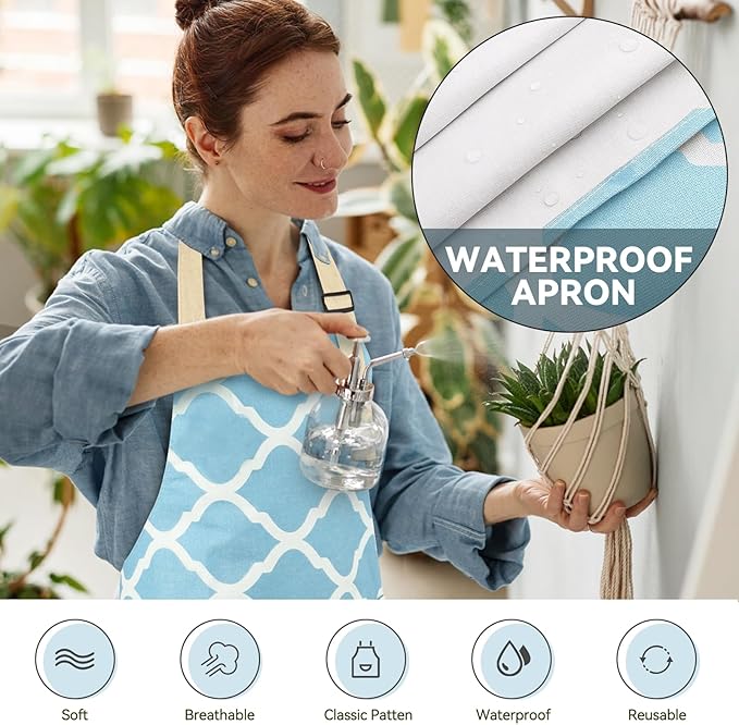 2 Pieces Aprons for Women with Pockets, Cotton Linen Waterproof Kitchen Cooking Aprons, Chef Apronfor Men Women with Adjustable Neck Strap and Long Ties(Grey/Blue)