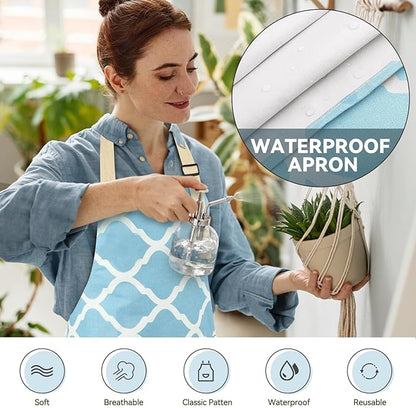 2 Pieces Aprons for Women with Pockets, Cotton Linen Waterproof Kitchen Cooking Aprons, Chef Apronfor Men Women with Adjustable Neck Strap and Long Ties(Grey/Blue)